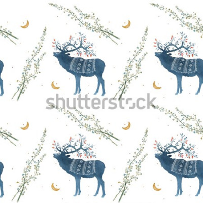 Behang Waterverf naadloze patroon met Skandinavische elemententakken, grassprietjes.