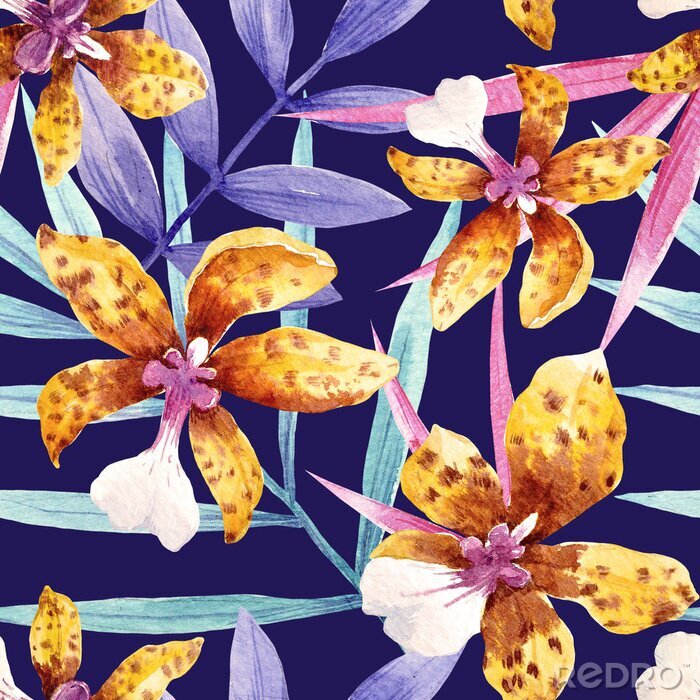 Behang Waterverf orchidee bloemen tropisch patroon