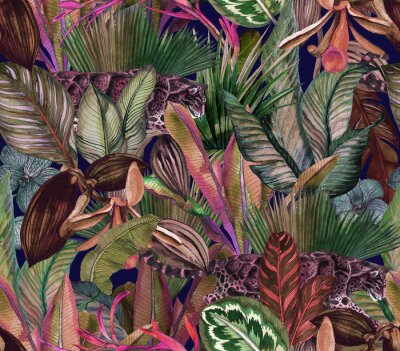 Waterverf patroon - wilde kat tussen tropische bladeren