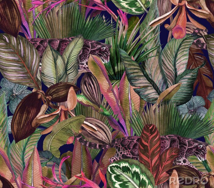 Behang Waterverf patroon - wilde kat tussen tropische bladeren