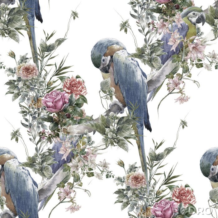 Behang Waterverf schilderij met vogels en bloemen, naadloos patroon op een witte achtergrond