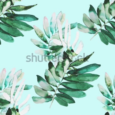 Behang Waterverfbladeren op een turkooizen achtergrond