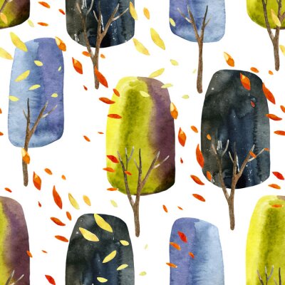 Behang Waterverfbomen - vallende bladeren