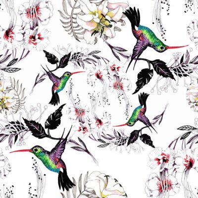 Waterverfhand getrokken naadloos patroon met mooie bloemen en kleurrijke vogels op witte achtergrond.