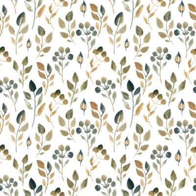 Behang Waterverfillustratie van bruine bladeren. Naadloos patroon van droge bladeren op witte achtergrond.