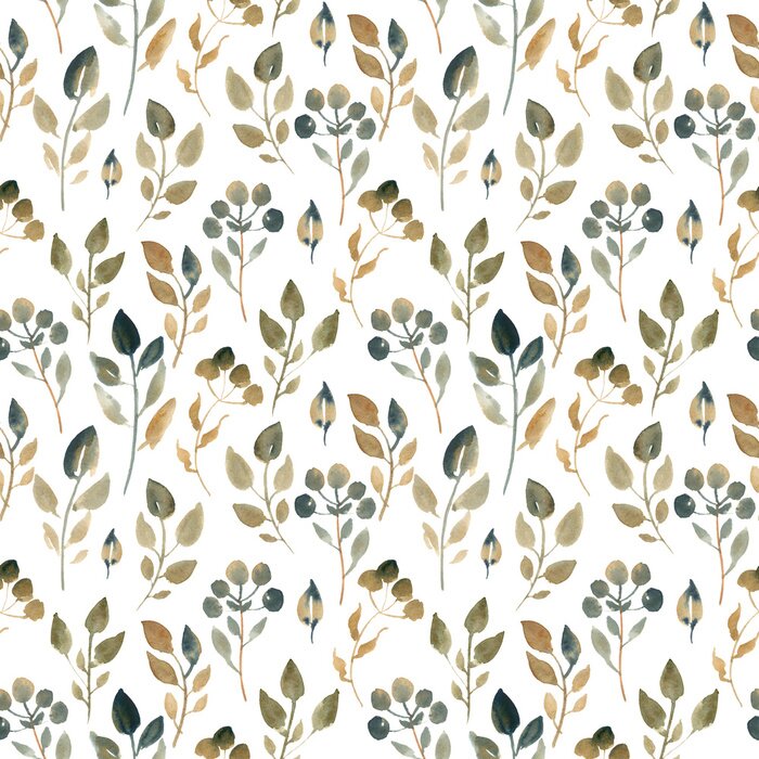 Behang Waterverfillustratie van bruine bladeren. Naadloos patroon van droge bladeren op witte achtergrond.