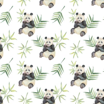 Behang Waterverfpanda's en groene tropische bladeren