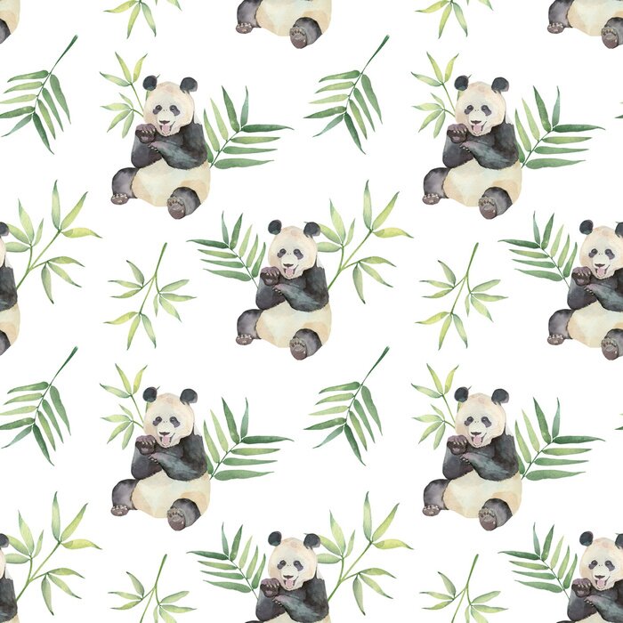 Behang Waterverfpanda's en groene tropische bladeren