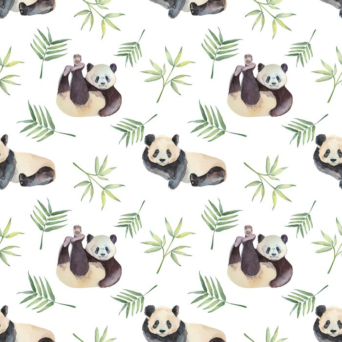 Behang Waterverfpanda's onder tropische bladeren