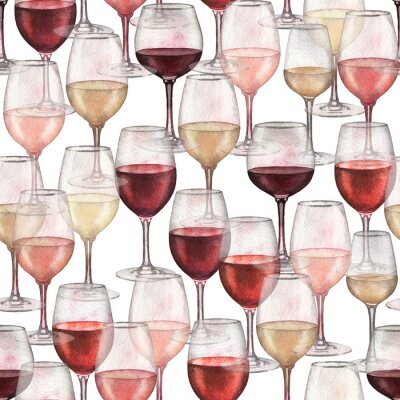 Waterverfpatroon van rode, roze en witte wijnglazen