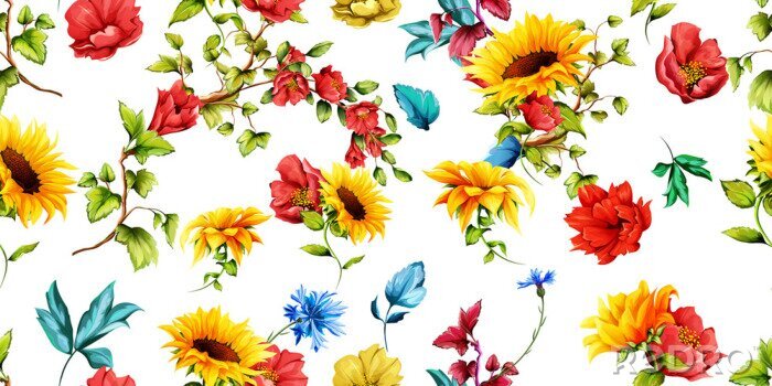 Behang Wide seamless pattern of sunflowers with pomegranate buds and cornflowers on white. Abstract. Hand drawn. Watercolor. Vector - stock. 