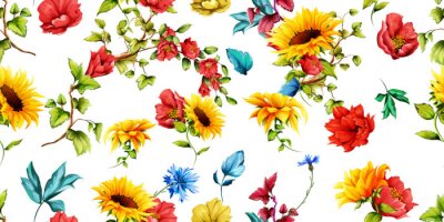 Behang Wide seamless pattern of sunflowers with pomegranate buds and cornflowers on white. Abstract. Hand drawn. Watercolor. Vector - stock. 