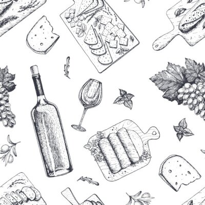 Behang Wijn en gastronomische snacks naadloze patroon. Kaas, vlees, brood, druiven hand getekend. Gastronomisch voedselpatroon.
