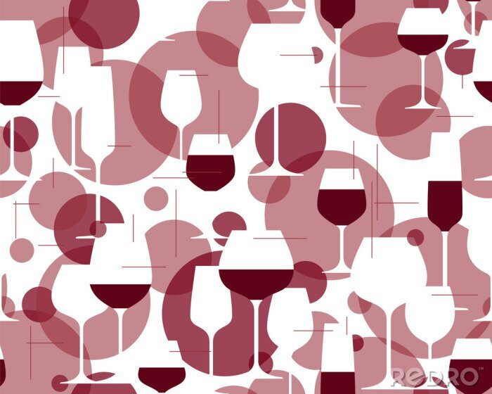 Behang Wijn naadloos patroon. Proefontwerpelement, menu, wijnkaart, restaurant, wijnmakerij, feest. Textuur met wijnglazen en rode druivenwijn. Vector illustratie