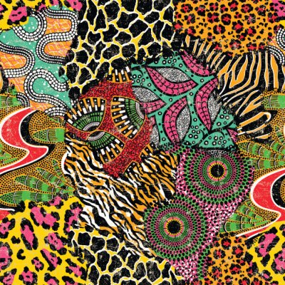 Behang Wild animal skins and traditional african fabric patchwork wallpaper abstract vector seamless pattern