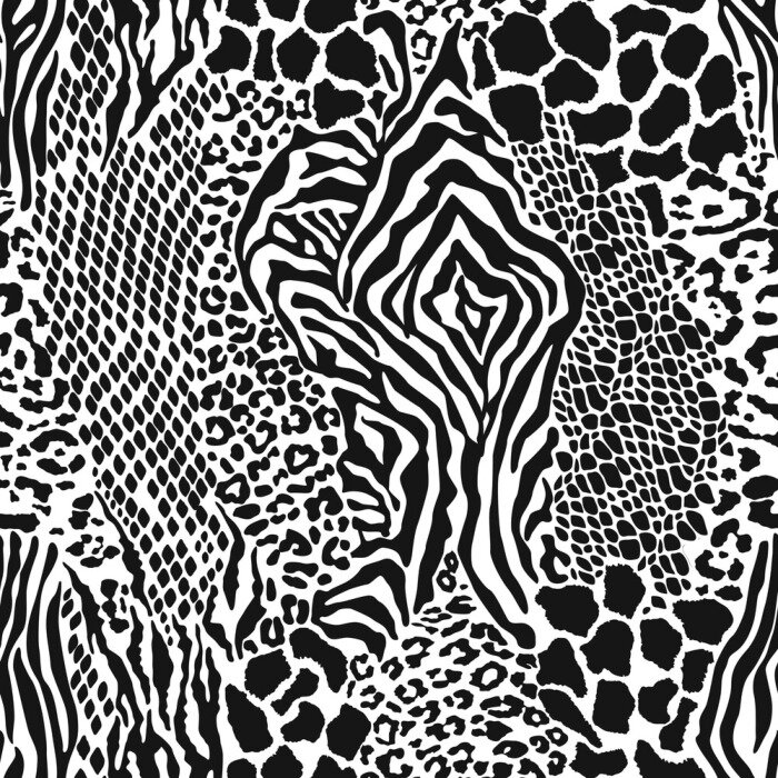 Behang Wild animal skins patchwork camouflage wallpaper black and white fur abstract vector seamless pattern