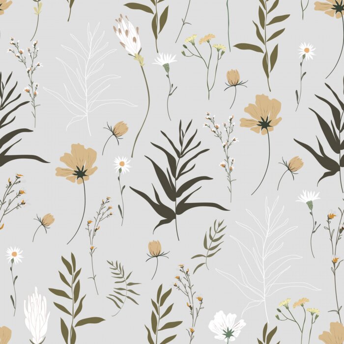 Behang Wilde bloemen op een grijze achtergrond