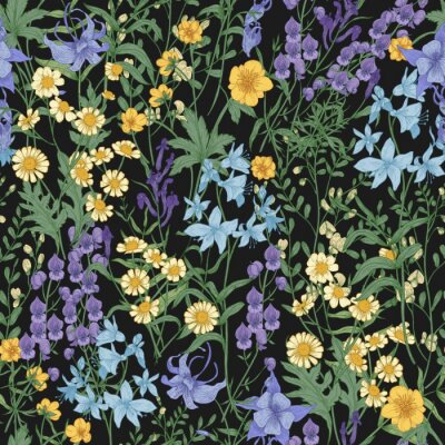 Behang Wilde bloemen op een zwarte achtergrond