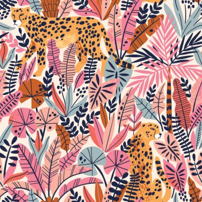 Behang Wilde dieren tussen tropische bladeren