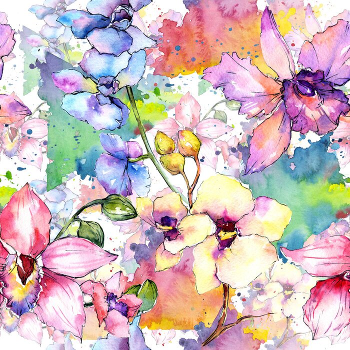 Behang Wildflower orchidee bloem patroon in een aquarel stijl. Volledige naam van de plant: kleurrijke orchidee. Aquarelle wilde bloem voor achtergrond, textuur, wrapper patroon, frame of grens.