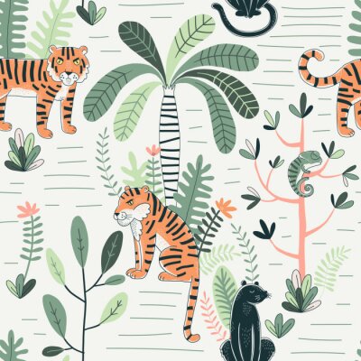 Behang Wildlife color vector seamless pattern. Panther and tiger background. Rainforest, jungle fauna, flora. Tropical plants, palms, flowers. Decorative animal textile, wallpaper, wrapping paper design