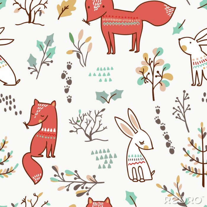 Behang Winter bos achtergrond met vossen en konijnen. Naadloos patroon.