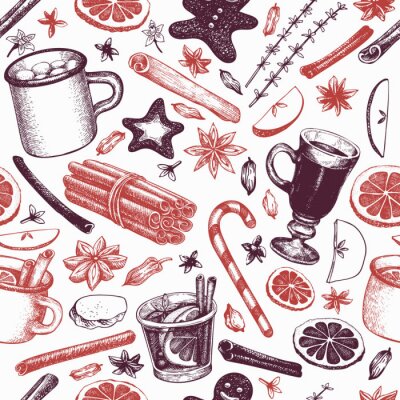 Behang Winter drinks vector seamless pattern. Hand drawn engraved style mulled wine, hot chocolate, spices illustrations. Vintage christmas background.