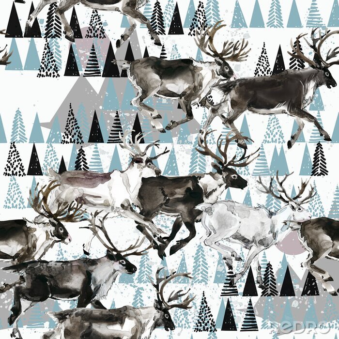 Behang winter naadloze achtergrond. herten. Arctisch patroon. Polar natuur aquarel illustratie. Noord dieren in het wild. wild dier. rendier.