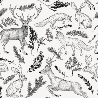 Behang Winter naadloze patroon met herten, vossen, haas en groenblijvende planten in vintage stijl. Handgetekende decoratie voor papier, textiel, inpakdecoratie, scrapbookingateliers, t-shirt, kaarten.