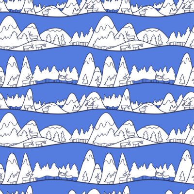 Behang Winter schattig landschap. Kerst naadloze patroon met herten, bergen en pijnbomen.