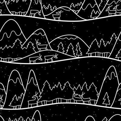 Behang Winter schattig landschap. Kerst naadloze patroon met herten, bergen en pijnbomen.