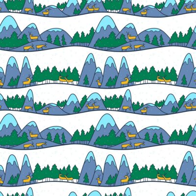 Behang Winter schattig landschap. Kerst naadloze patroon met herten, bergen en pijnbomen.