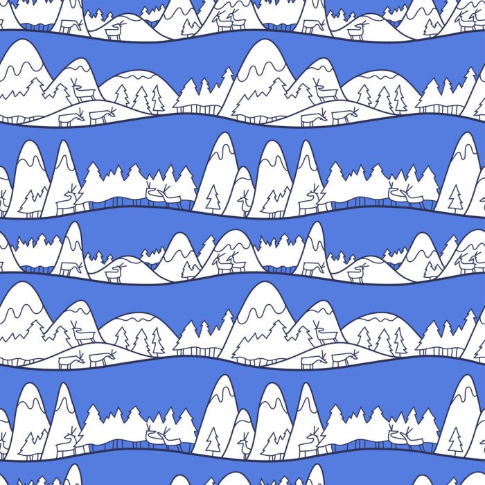 Behang Winter schattig landschap. Kerst naadloze patroon met herten, bergen en pijnbomen.