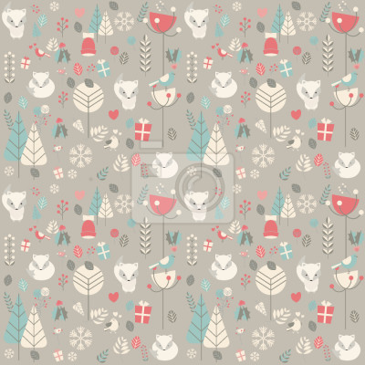 Behang Wintervossen cadeautjes en bosplanten