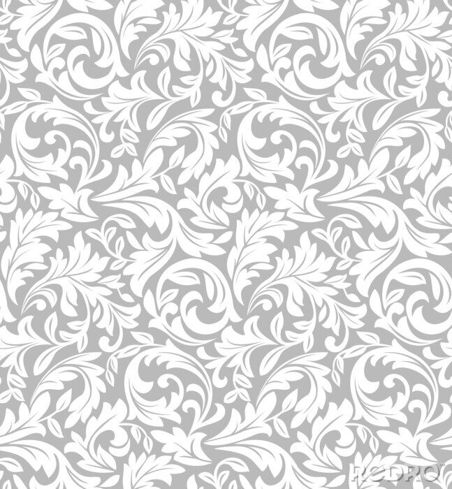 Behang Wit bladpatroon op een grijze achtergrond
