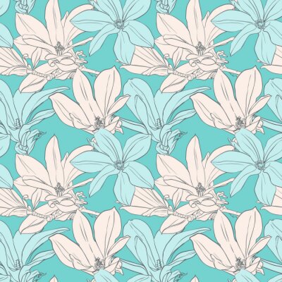 Behang Wit en blauw motief met magnolia's