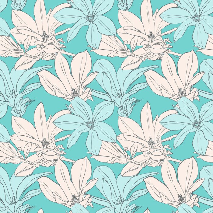 Behang Wit en blauw motief met magnolia's
