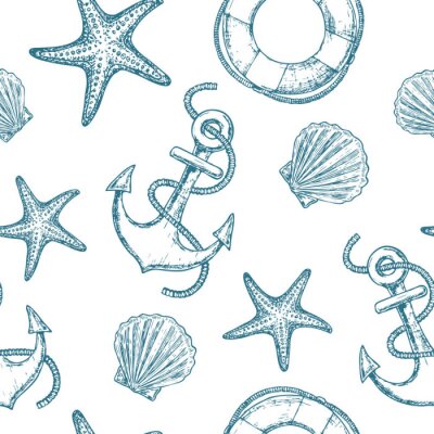 Behang Wit en blauw zeevaartpatroon