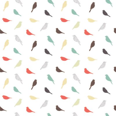 Behang Wit minimalistisch motief met kleurrijke vogeltjes