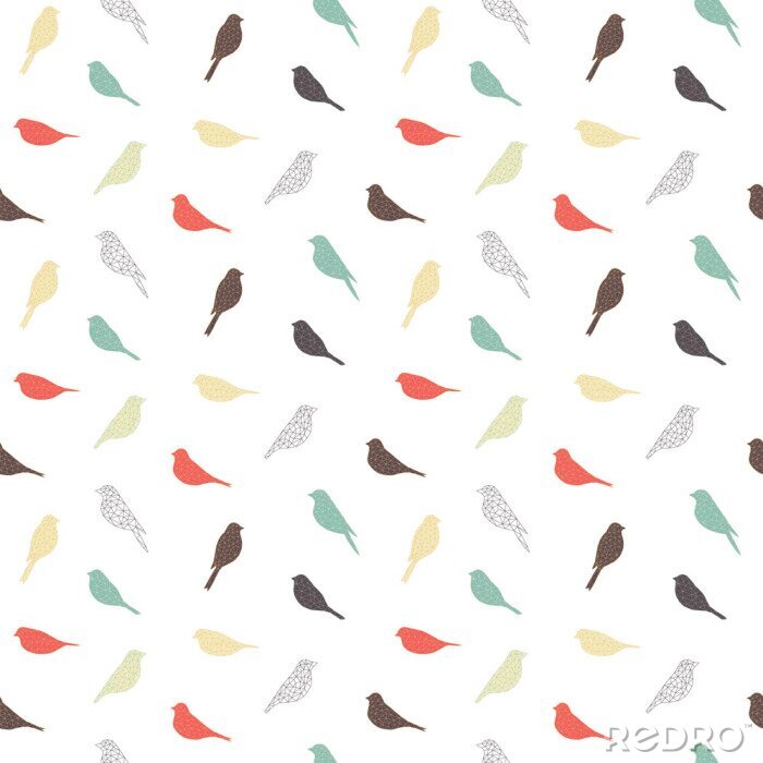 Behang Wit minimalistisch motief met kleurrijke vogeltjes