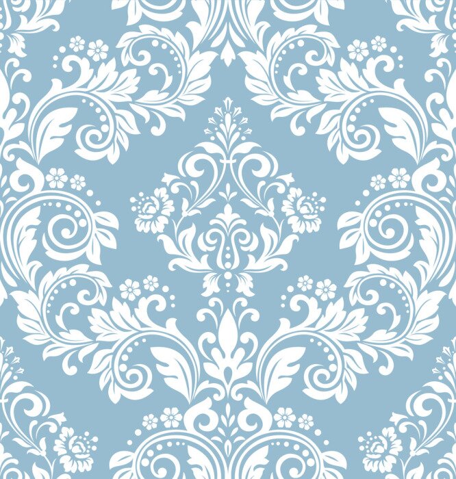 Behang Wit ornamenteel motief op een blauwe achtergrond