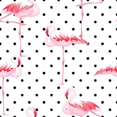 Behang Wit thema met zwarte stippen en flamingo's