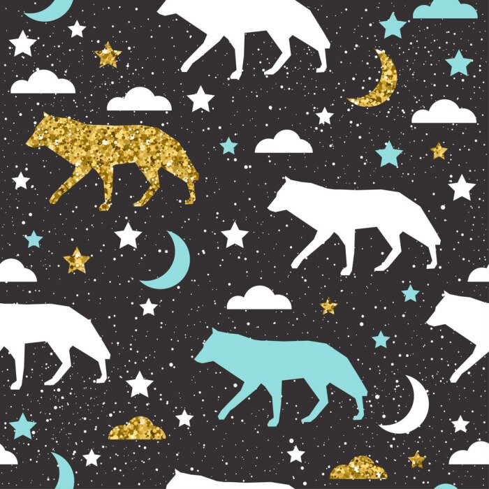 Behang Witblauwe en gouden wolven tegen de lucht