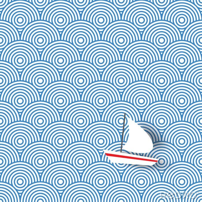 Behang Witte boot varen op blauwe golf zee naadloze patroon