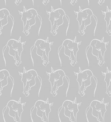 Behang Witte contouren van paardenhoofden op een grijze achtergrond
