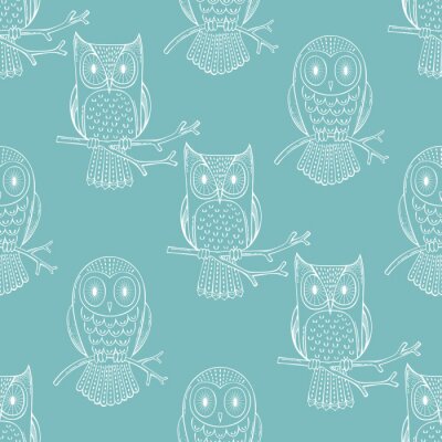 Behang Witte contouren van uilen op een blauwe achtergrond