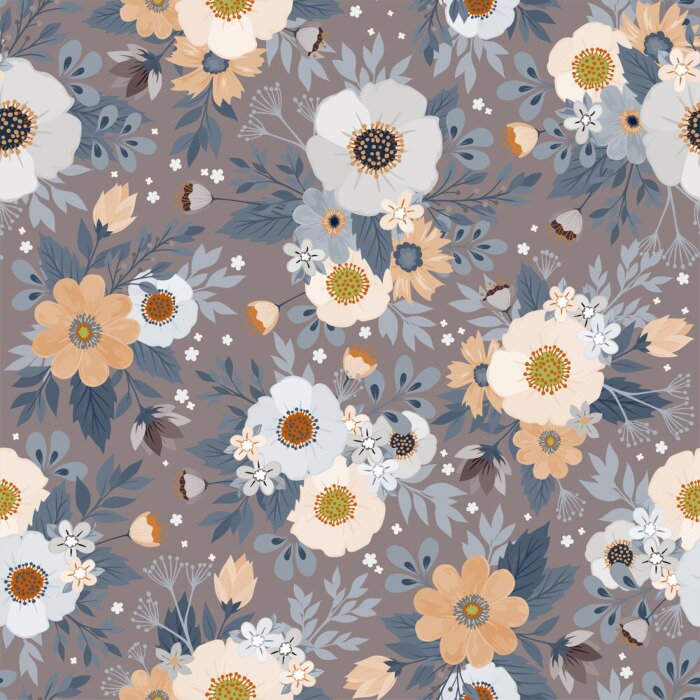 Behang Witte en beige bloemen met blauwe bladeren