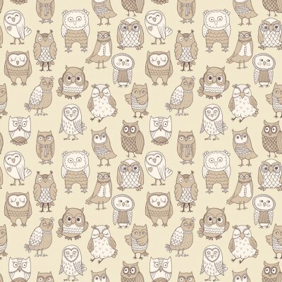 Behang Witte en beige uilen in verschillende vormen