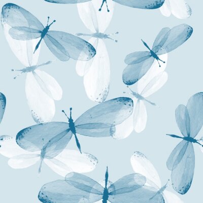 Behang Witte en blauwe vlinders op een blauwe achtergrond