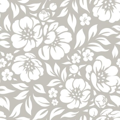 Behang Witte en grijze bloemen in shabby chic stijl